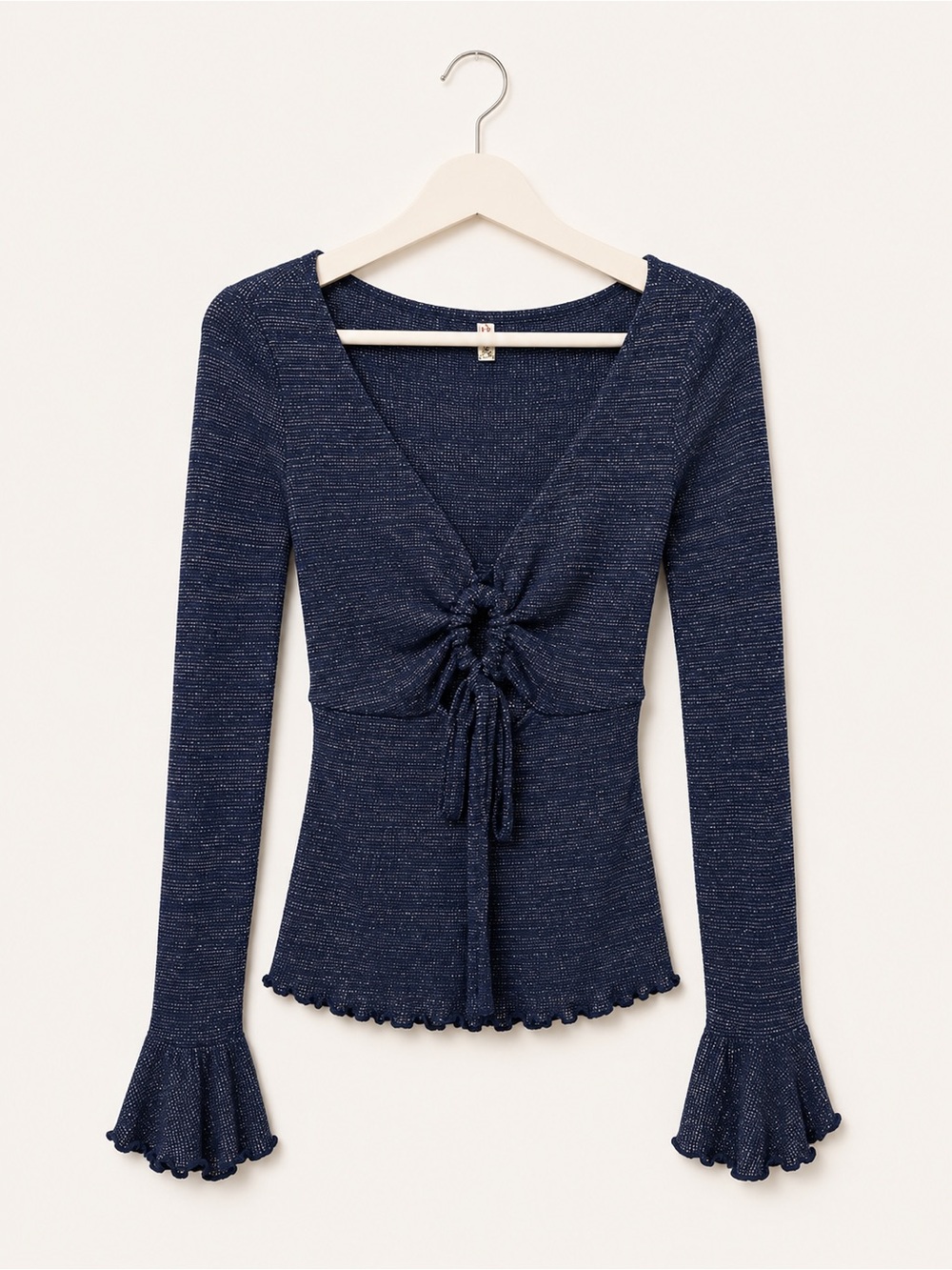 Intimately Free People Navy Metallic Ruched Tie Front Bell Sleeve Top XS NWOT